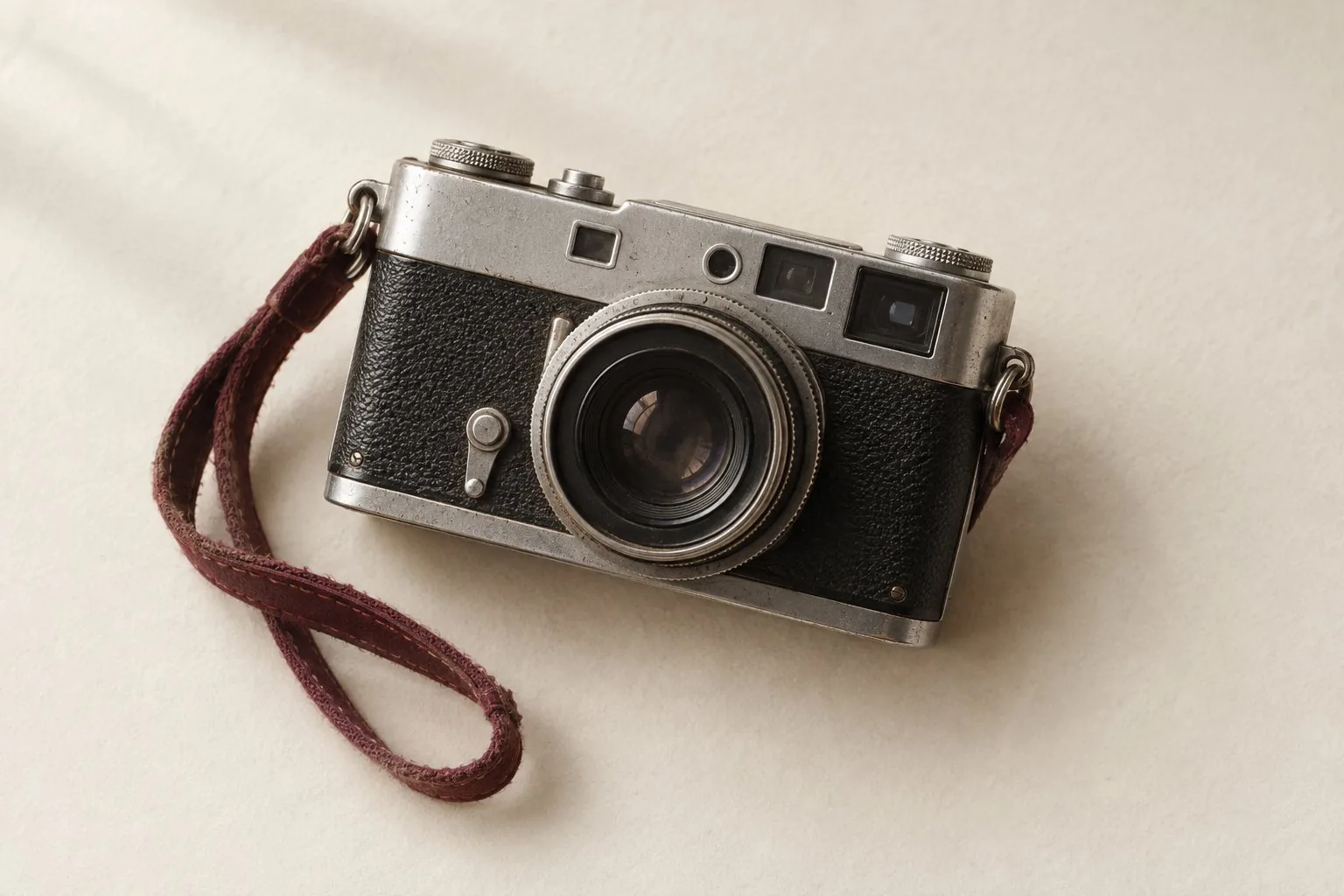 Un appareil photo argentique noir et argent avec une sangle bordeaux