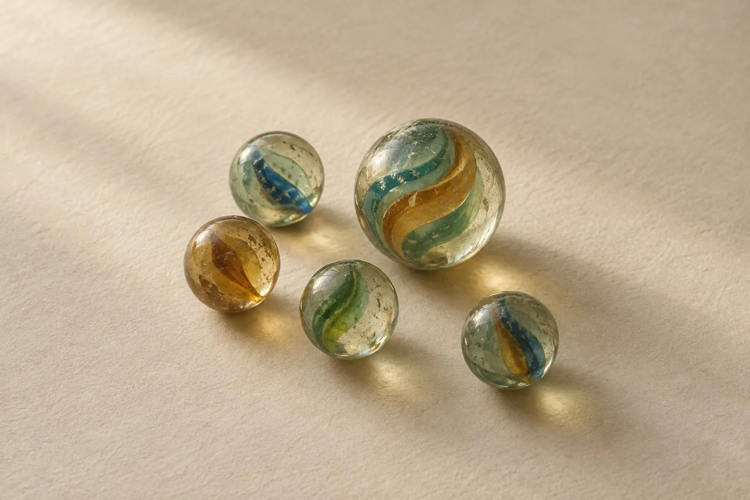 Des billes de verre aux reflets bleus, verts et ambrés