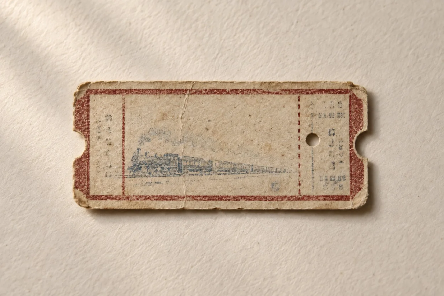 Un ancien billet de train crème bordé de bordeaux avec un petit trou de contrôle