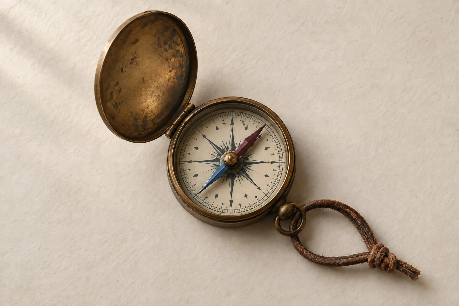 Une boussole ancienne en laiton avec un cordon de cuir brun