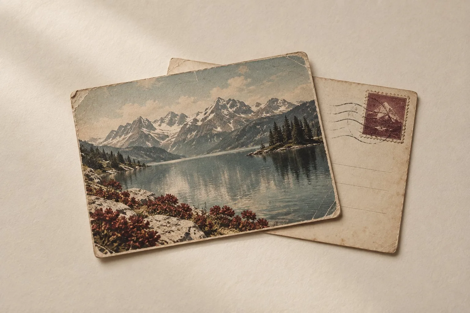 Deux cartes postales anciennes, dont une illustrée d’un lac alpin