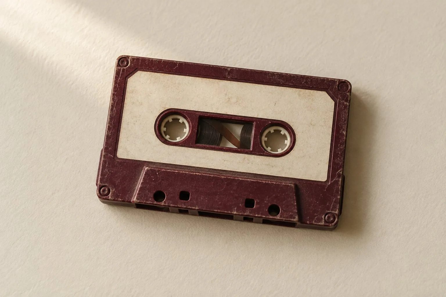Une cassette audio bordeaux sur du papier crème