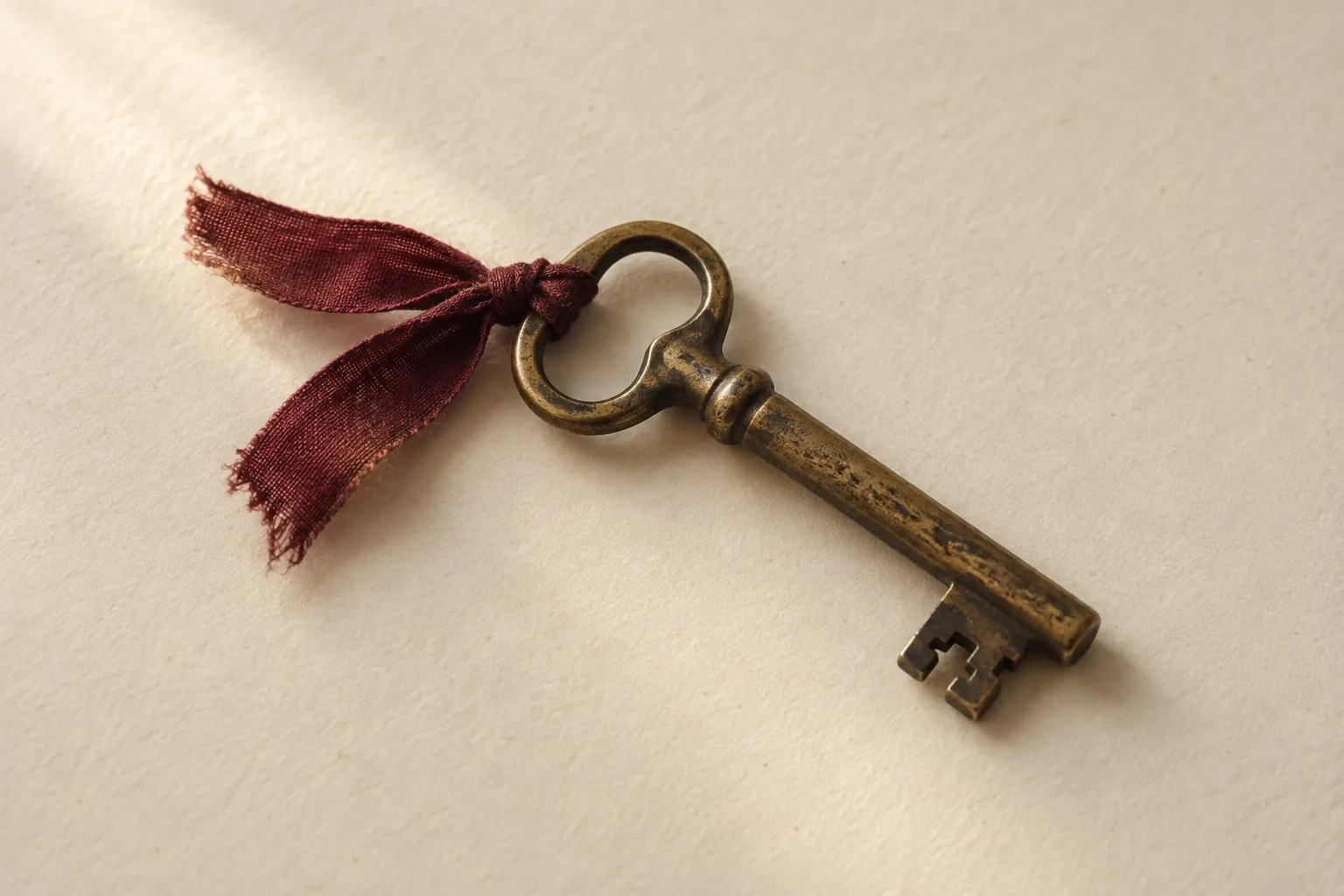 Une clé ancienne en laiton nouée d’un ruban bordeaux