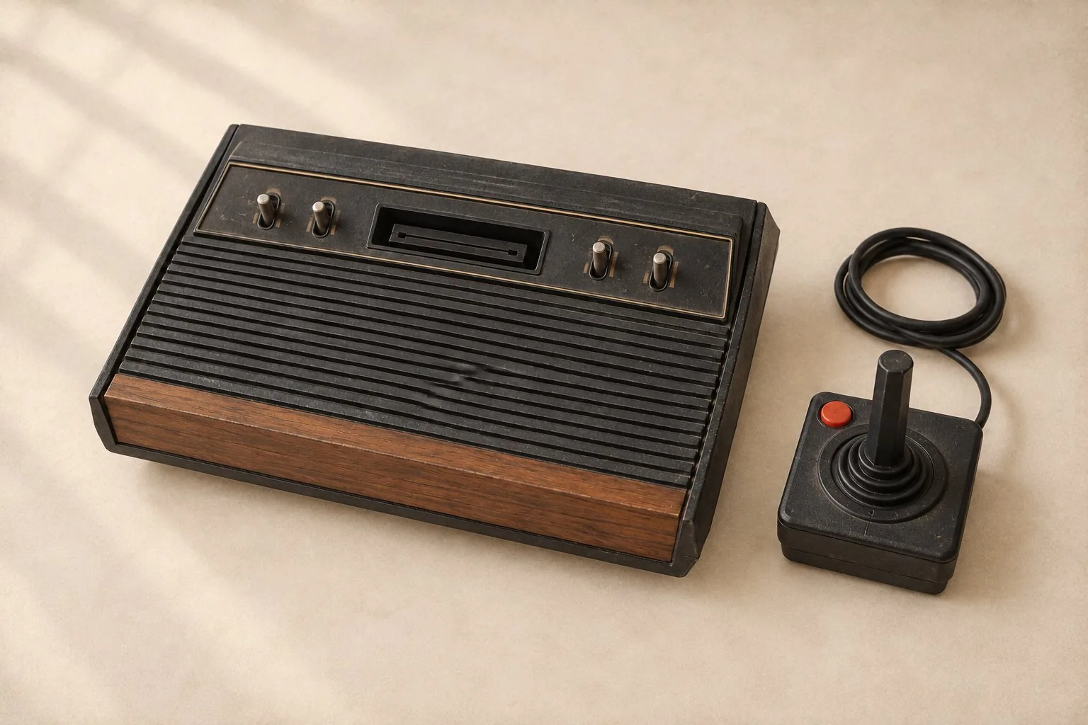 Une console de jeu des années 1980 noire et bois avec son joystick à bouton rouge