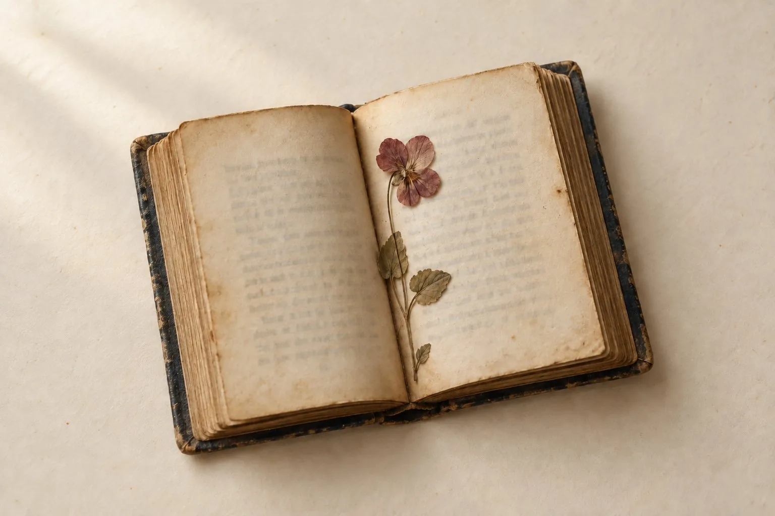 Une fleur séchée aux pétales bordeaux entre les pages jaunies d’un livre
