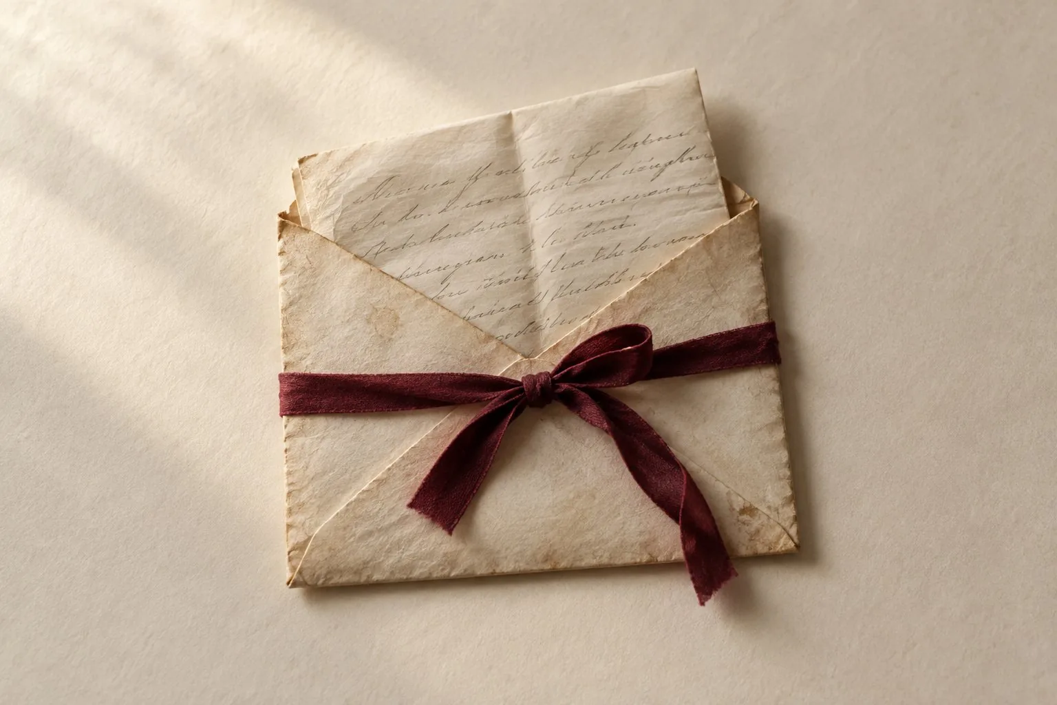 Une lettre pliée dans une enveloppe ancienne avec un ruban