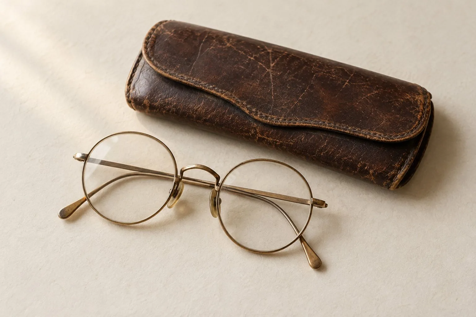 Des lunettes rondes à monture dorée près d’un étui de cuir brun