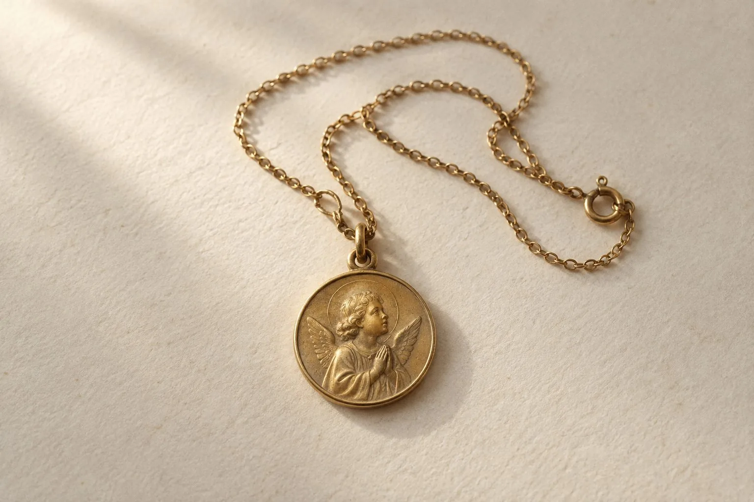 Une petite médaille de baptême dorée ornée d’un ange avec sa fine chaîne