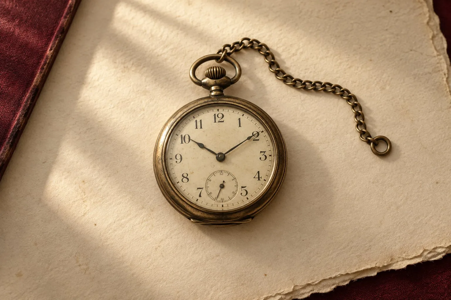 Une montre à gousset en laiton avec sa courte chaîne