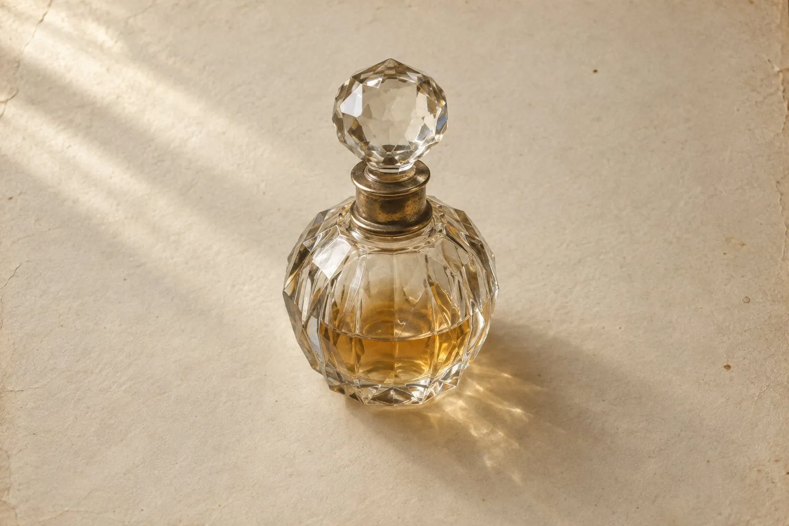 Un flacon de verre facetté contenant un reste de parfum ambré