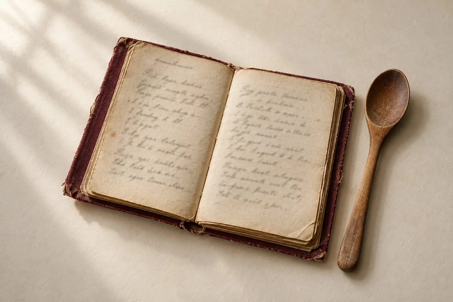 Un carnet de recettes ancien ouvert près d’une cuillère en bois