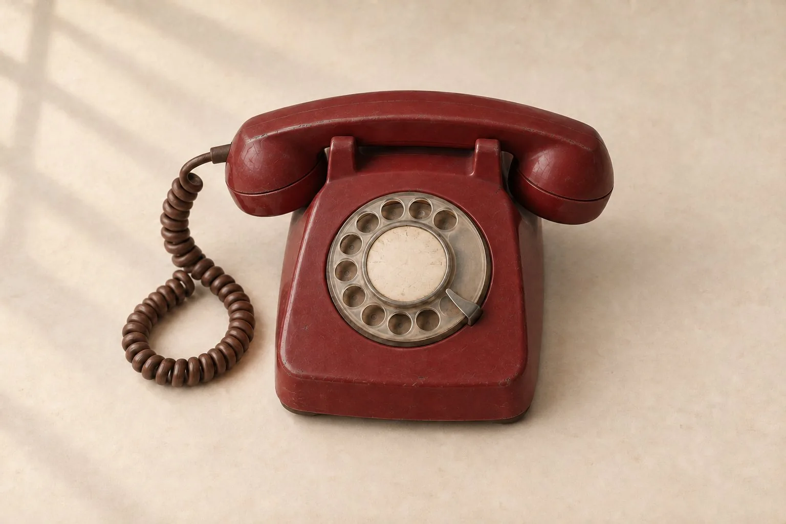 Un téléphone ancien bordeaux patiné avec son cadran et son cordon spiralé