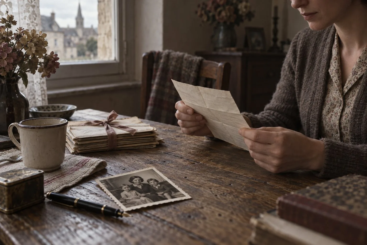 Une femme lit une lettre près d’un portrait de famille et d’enveloppes nouées, dans un intérieur évoquant les années 1940