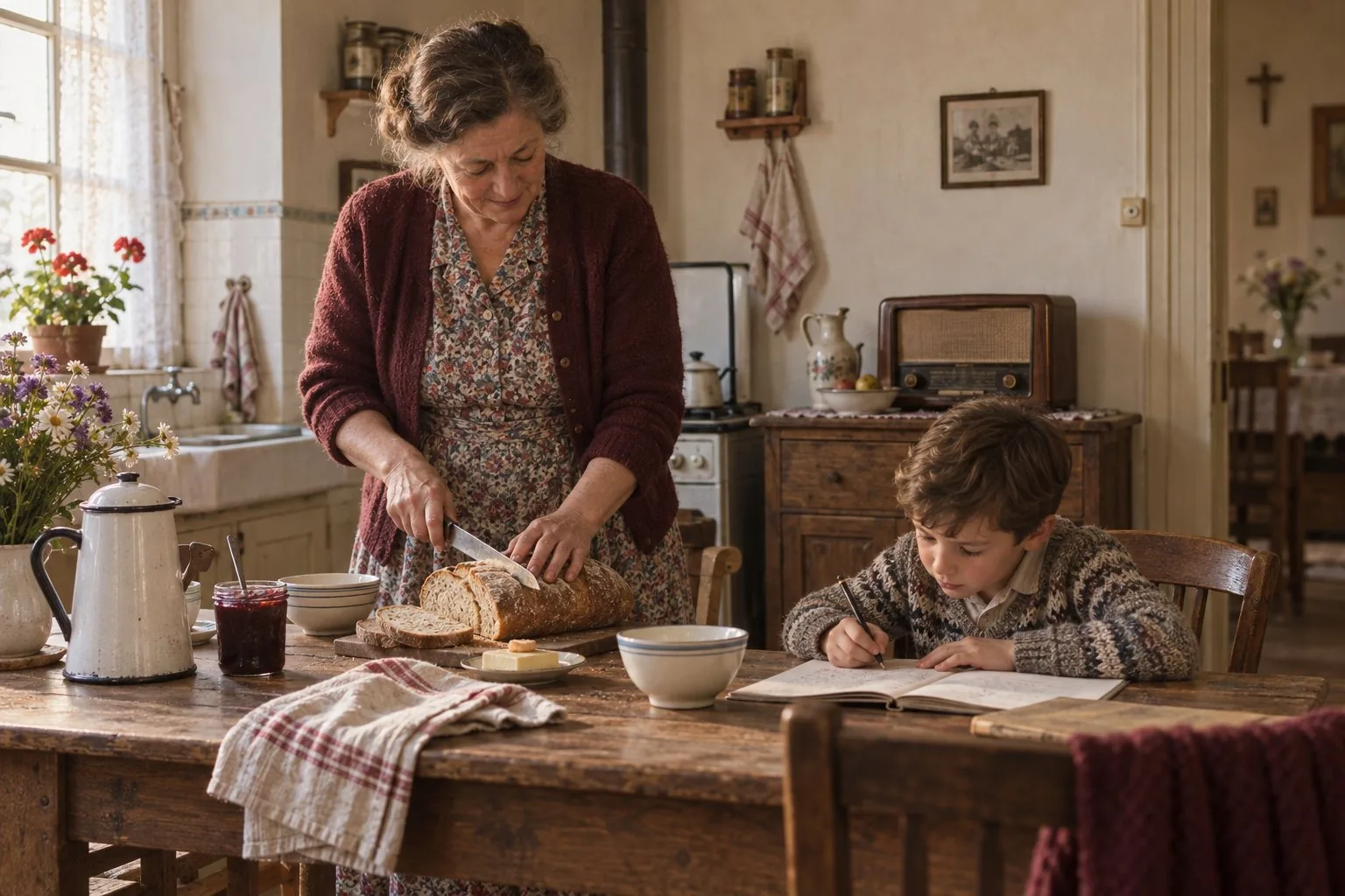 Une grand-mère coupe du pain tandis qu’un enfant écrit dans un cahier, dans une cuisine des années 1950
