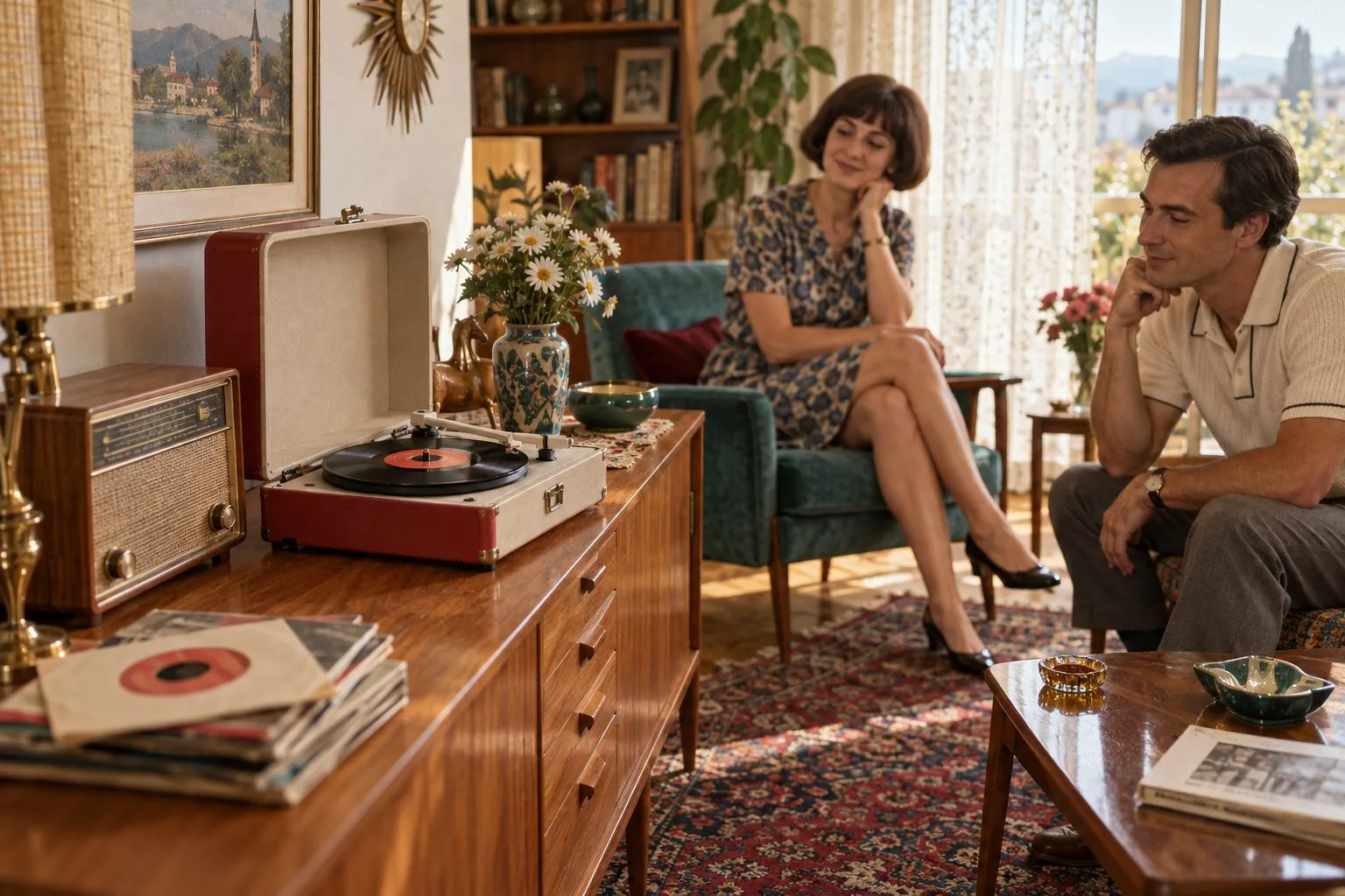 Un tourne-disque rouge et crème dans un salon des années 1960, avec un couple à l’arrière-plan