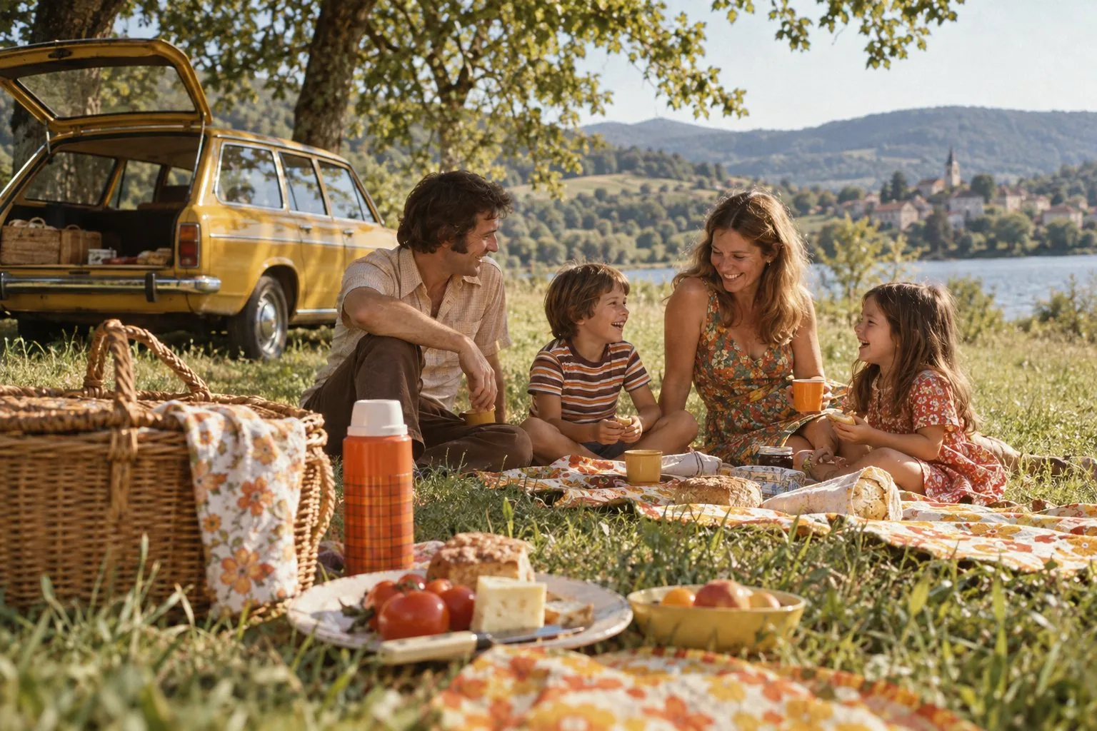 Une famille pique-nique au bord d’un lac près d’une voiture jaune dans une ambiance des années 1970