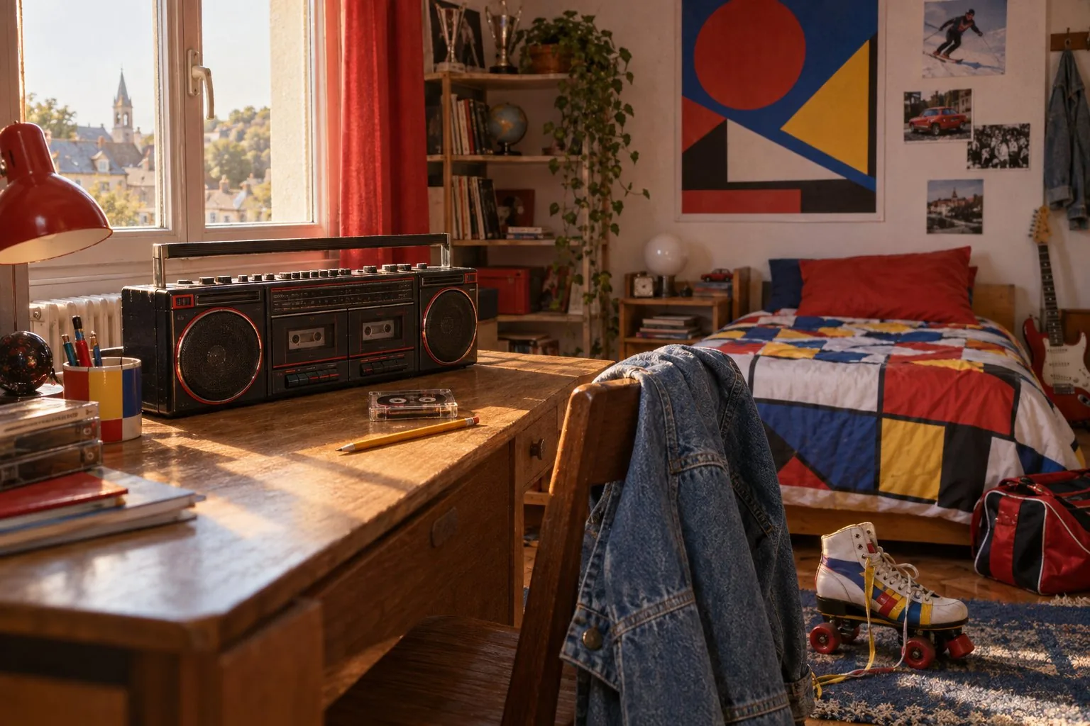 Une chambre des années 1980 avec un radiocassette, des patins à roulettes et une veste en jean