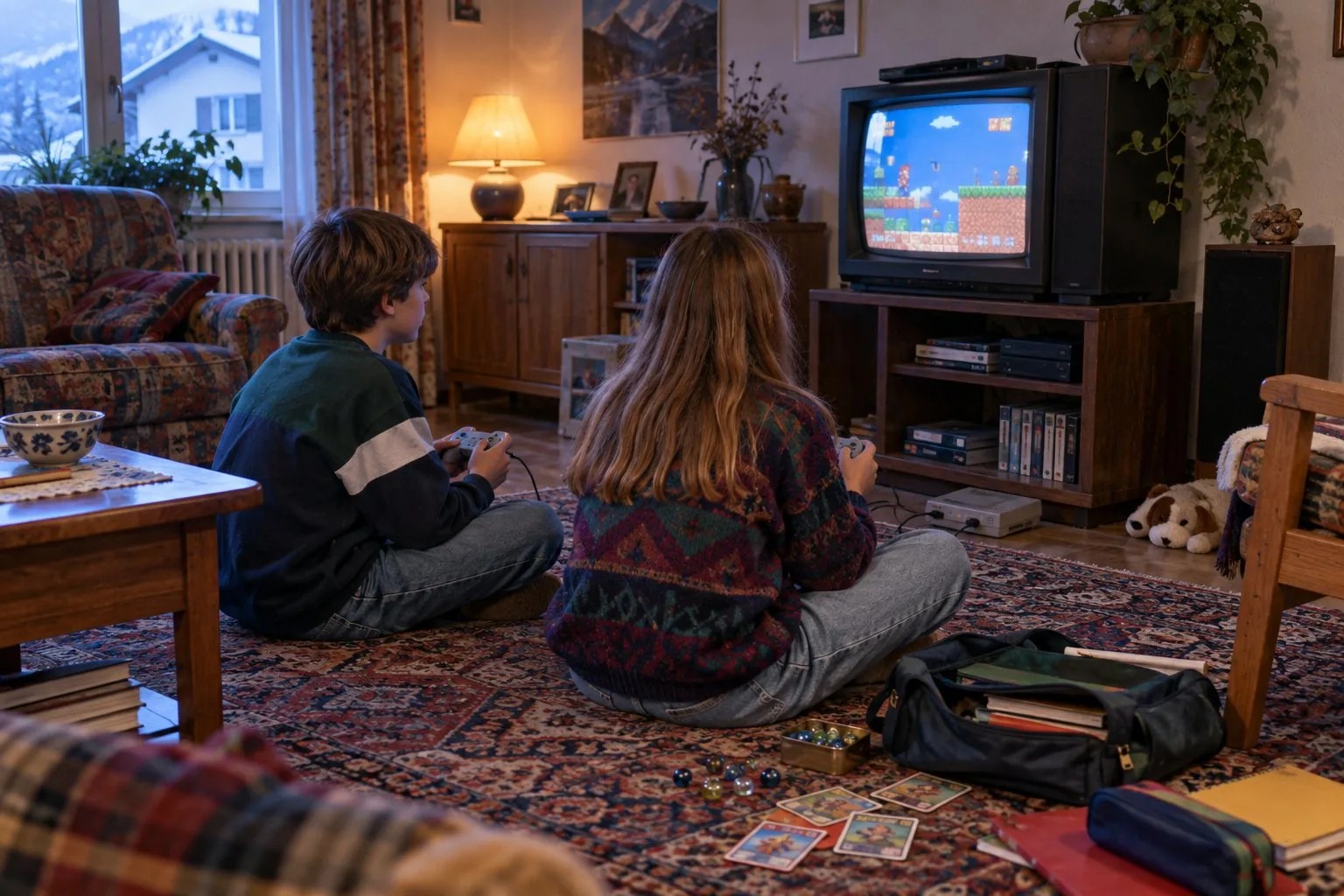 Deux enfants jouent sur une console devant un téléviseur à tube dans un salon des années 1990