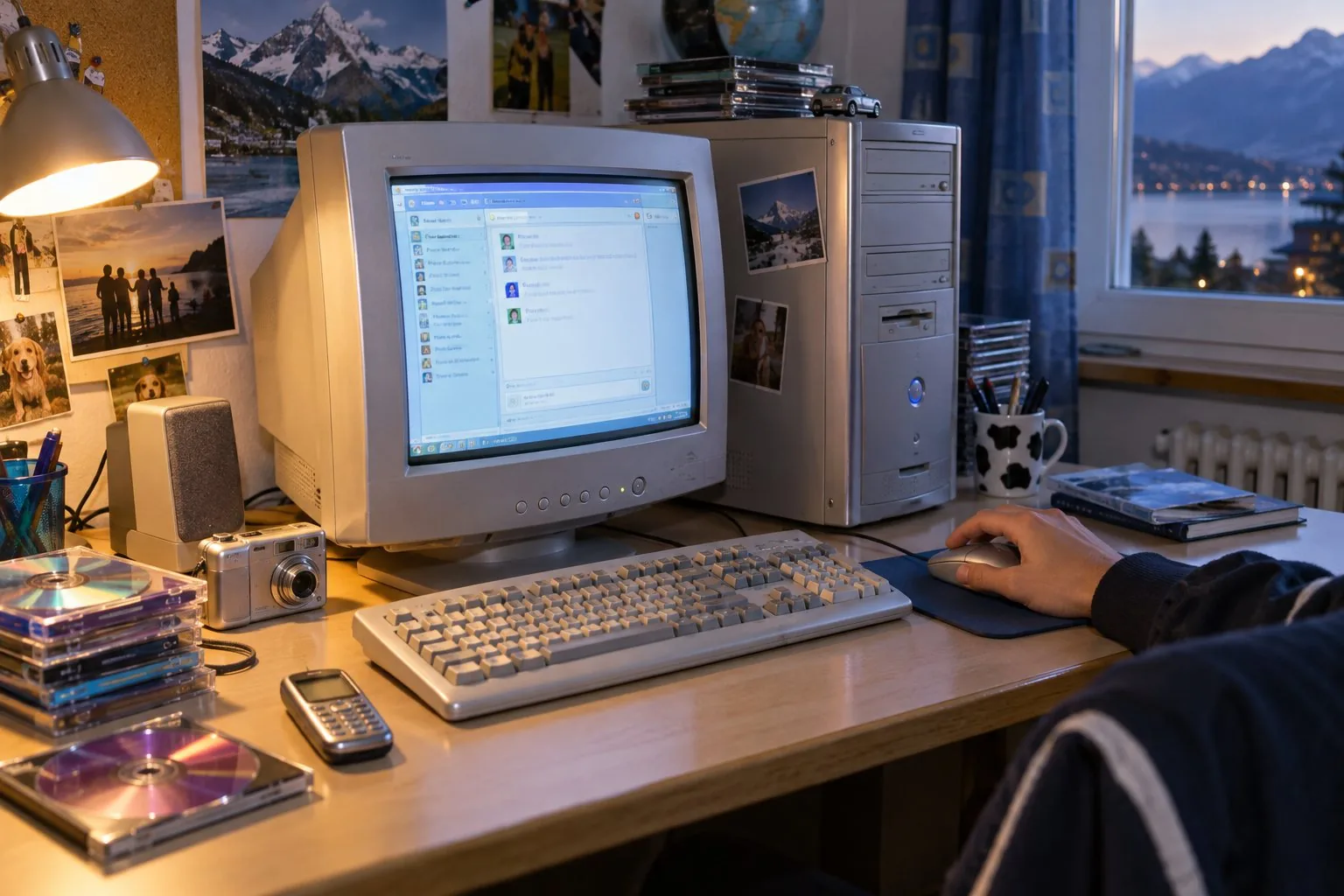 Un bureau des années 2000 avec un ordinateur à écran épais, des CD, un appareil photo compact et un téléphone
