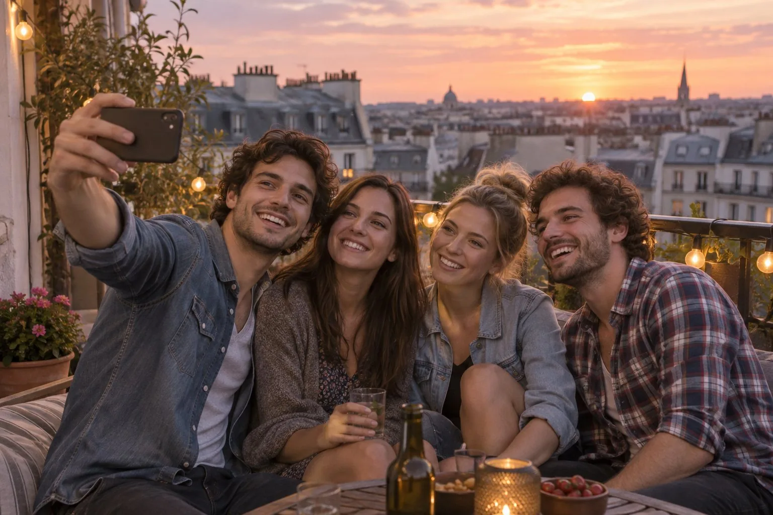 Quatre amis prennent une photo avec un smartphone sur un balcon au coucher du soleil