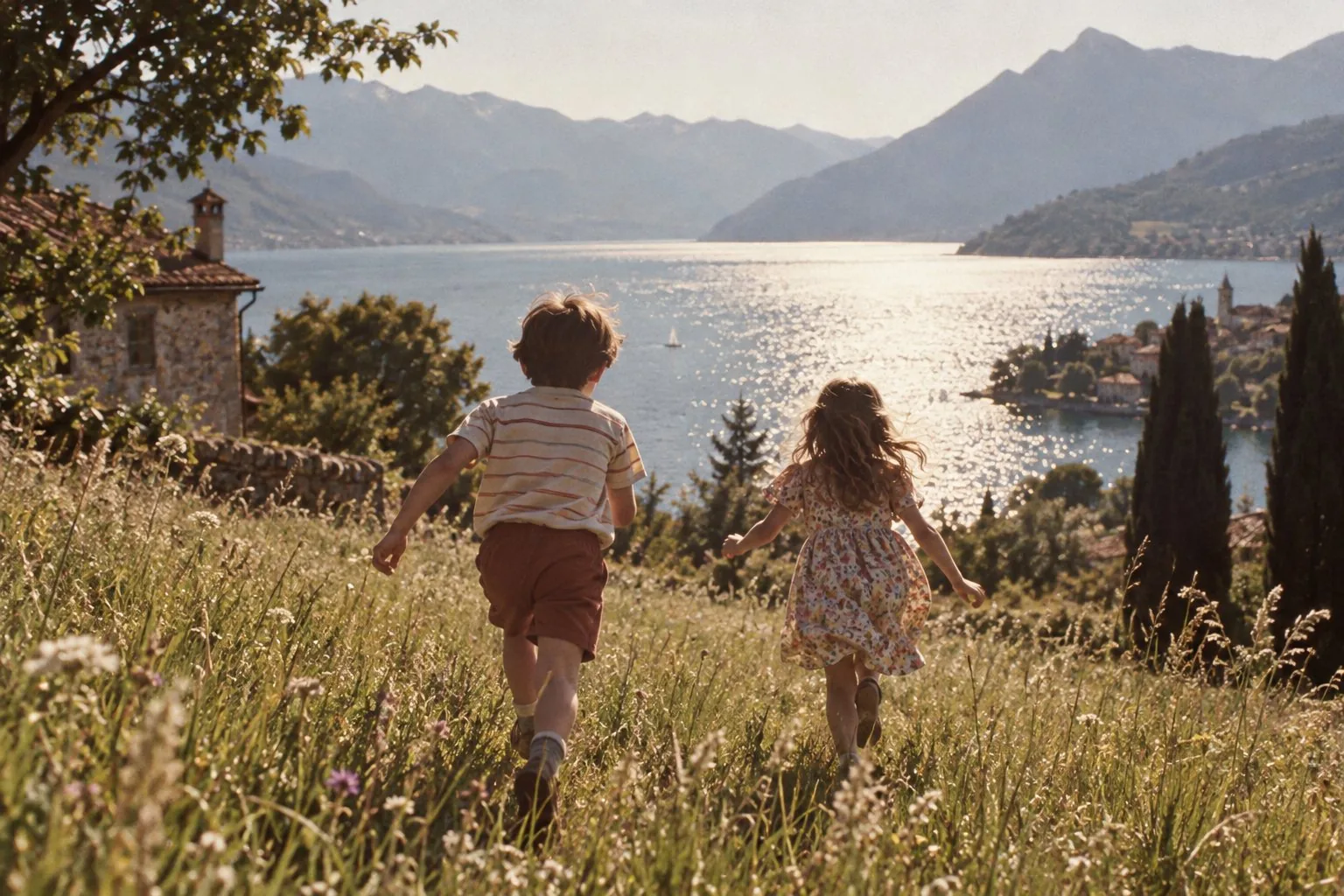 Deux enfants courent dans les hautes herbes vers un lac, un après-midi d’été
