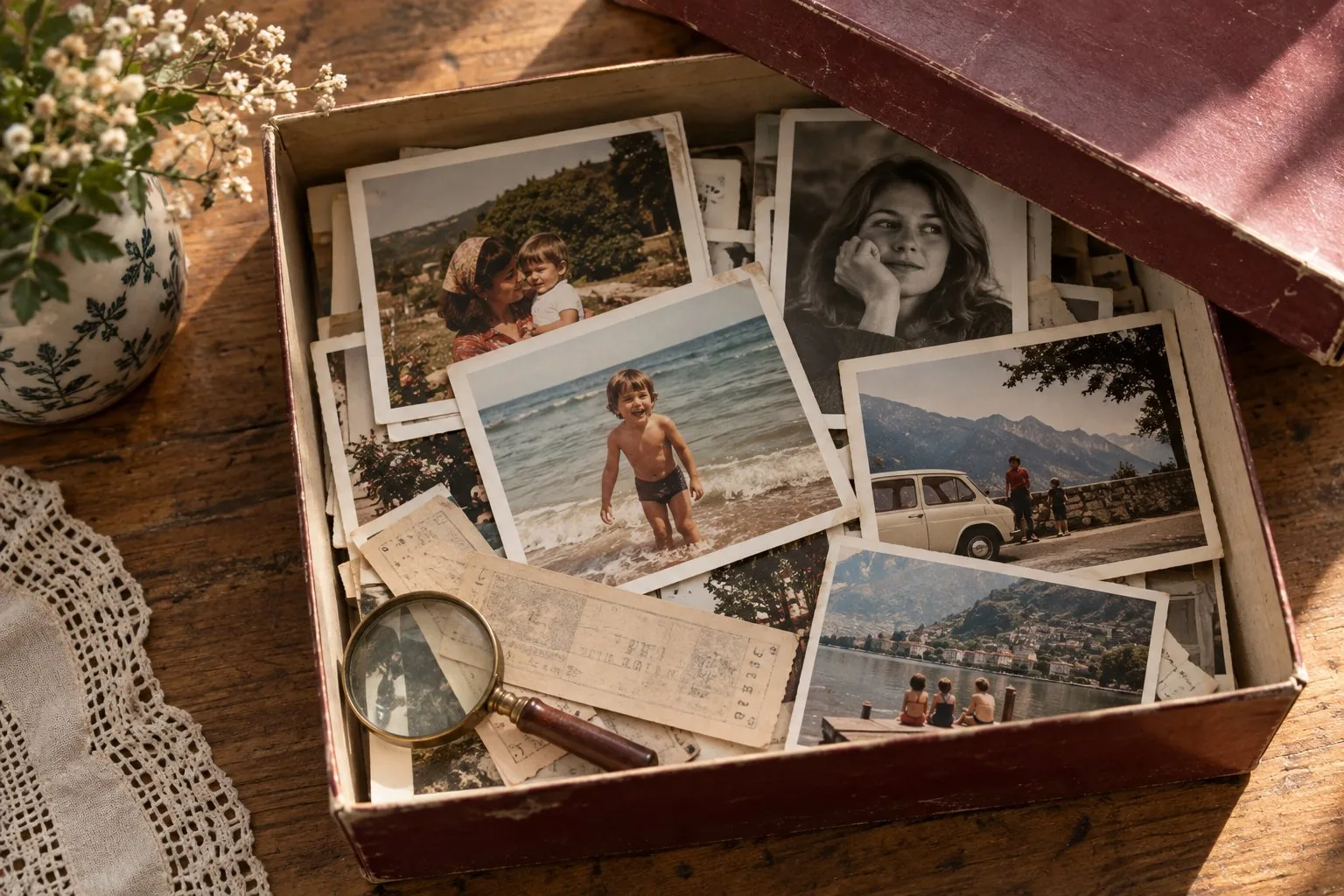 Une boîte de photographies de famille retrouvées, avec un billet ancien et une loupe