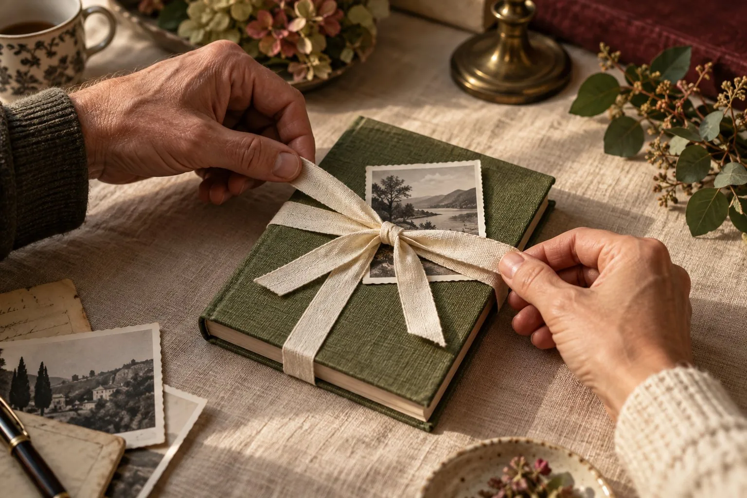 Des mains nouent un ruban autour d’un livre de souvenirs vert à offrir