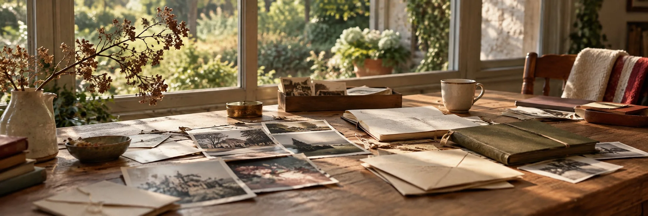 Une grande table d’atelier baignée de lumière, où se mêlent photographies, carnets et lettres