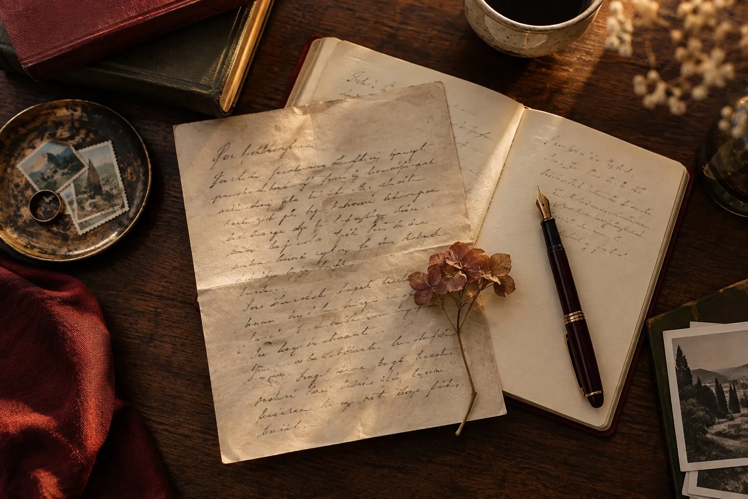 Une lettre et une fleur séchée à côté d’un carnet