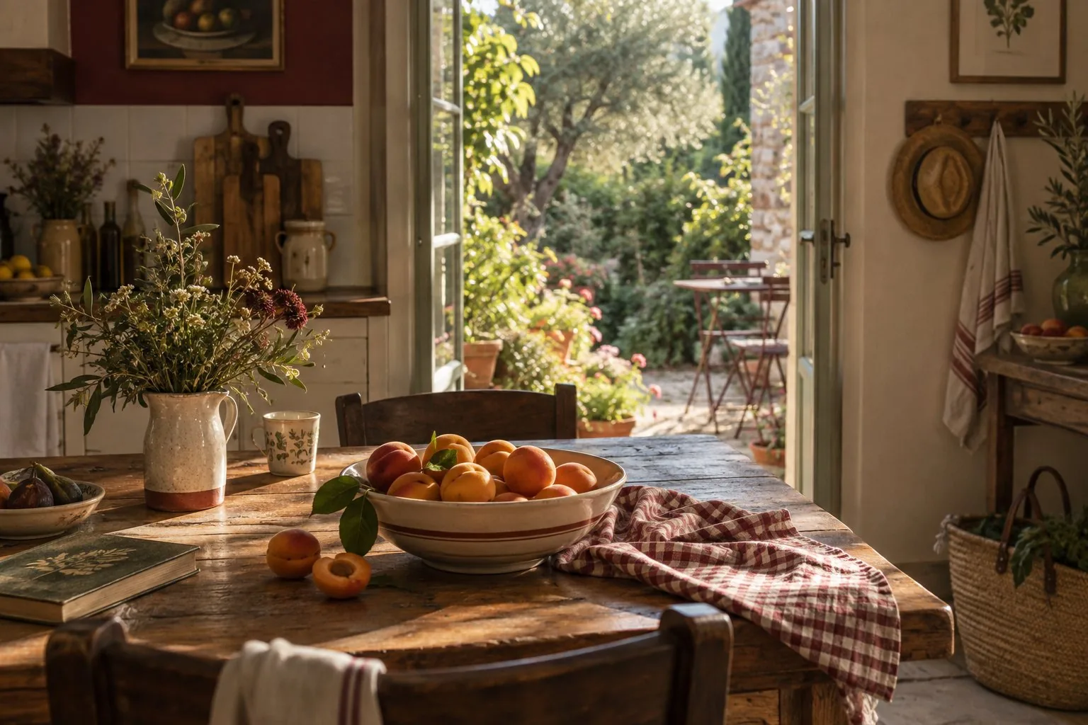 Une cuisine familiale ensoleillée, une coupe d’abricots et une porte ouverte sur le jardin