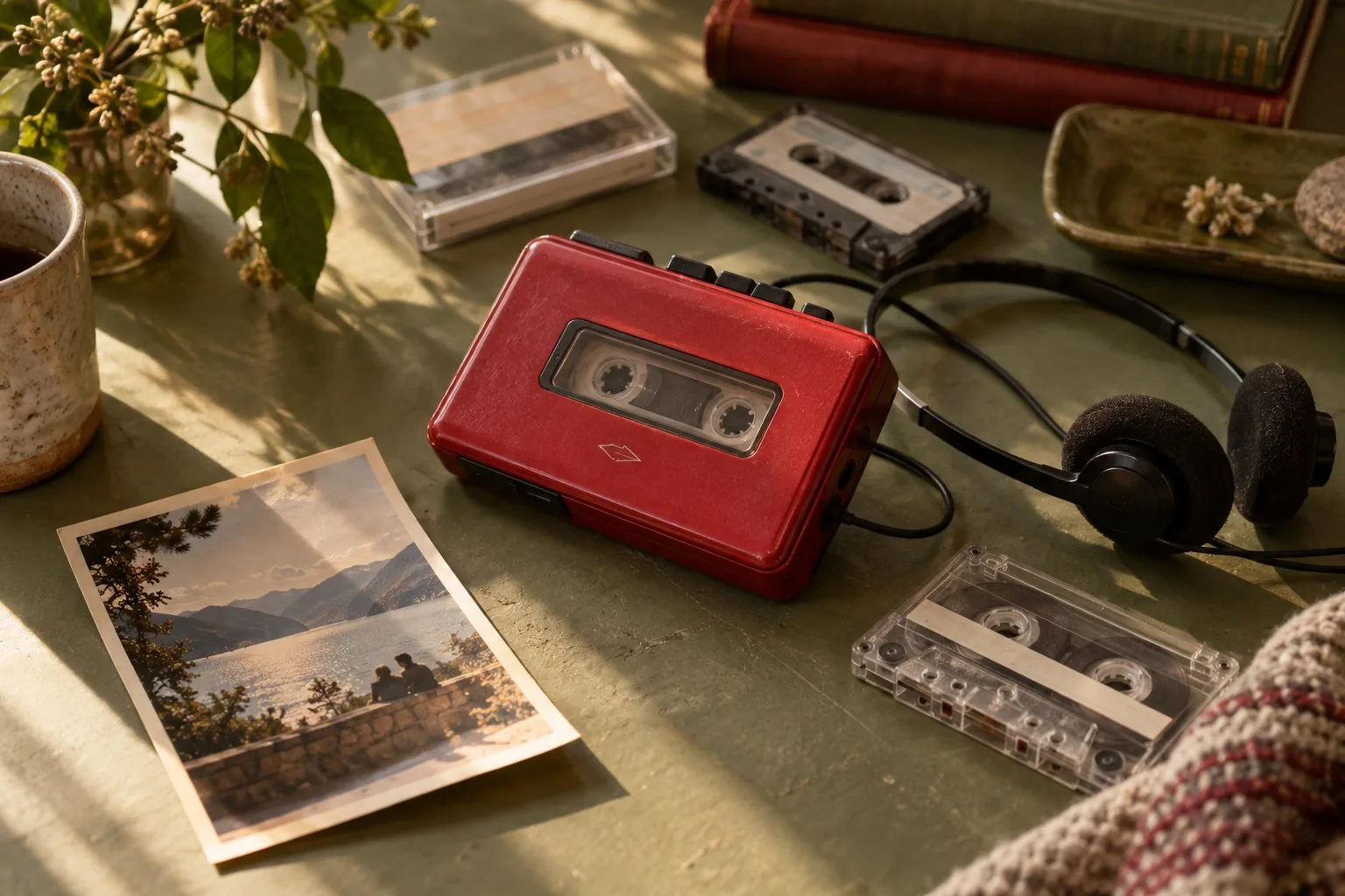 Lecteur de cassettes rouge et souvenirs photographiques sur une table