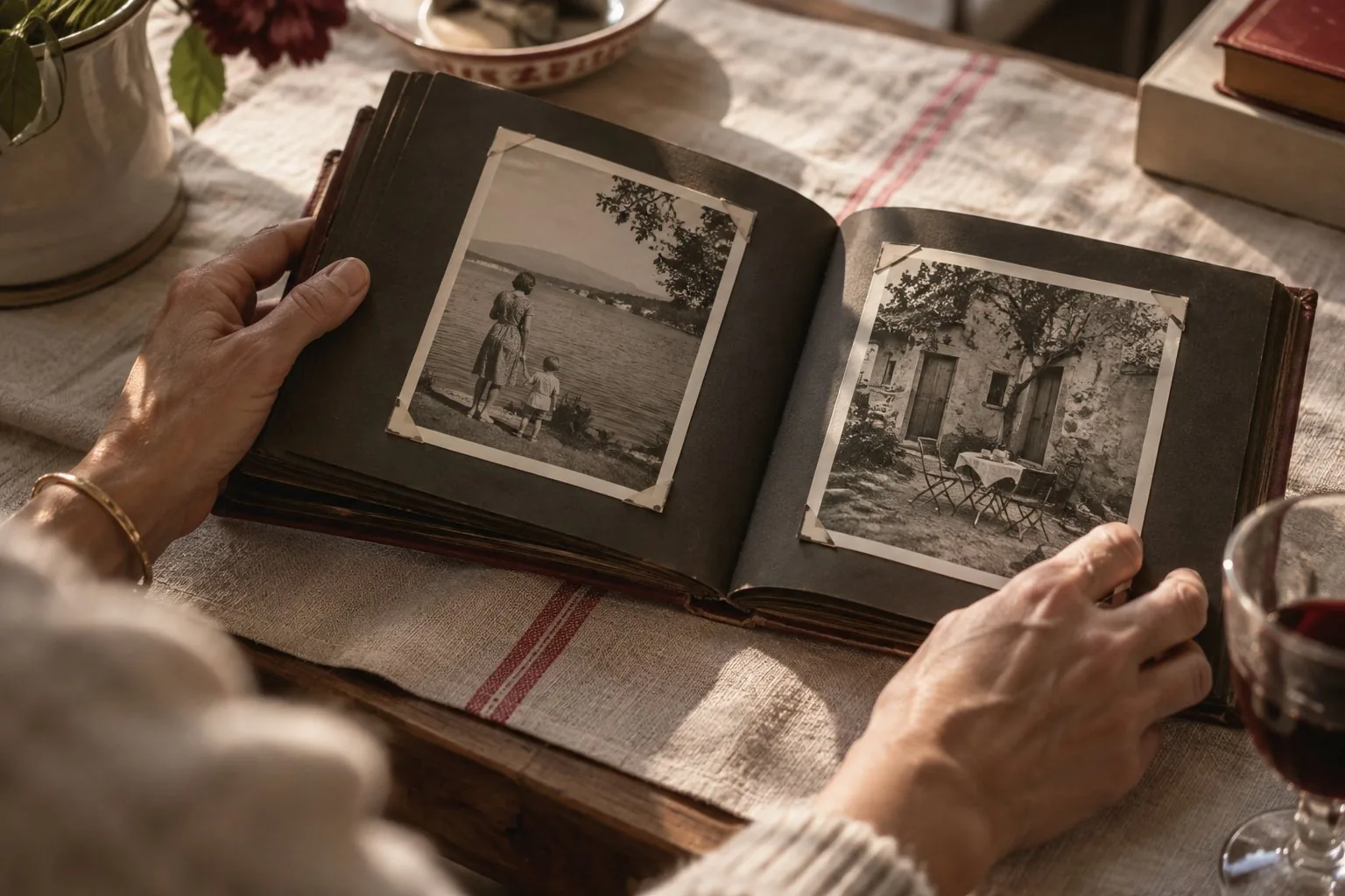 Des mains ouvrent un album de famille aux photographies anciennes